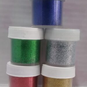 Brillantina/diamantina en bote dorado, plata,  rojo verde y azul