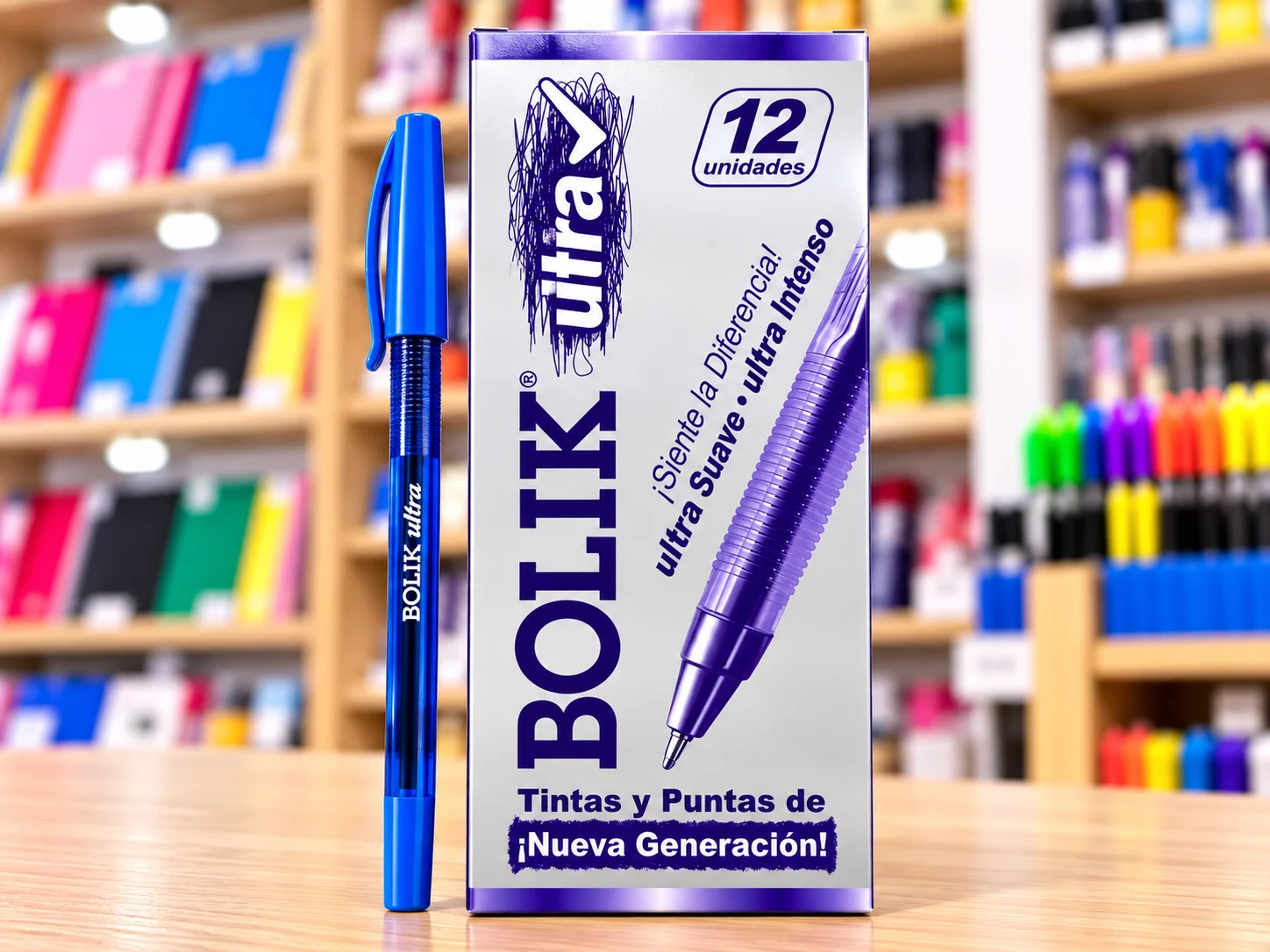 Caja 12 lapiceros bolik ultra medio Azul