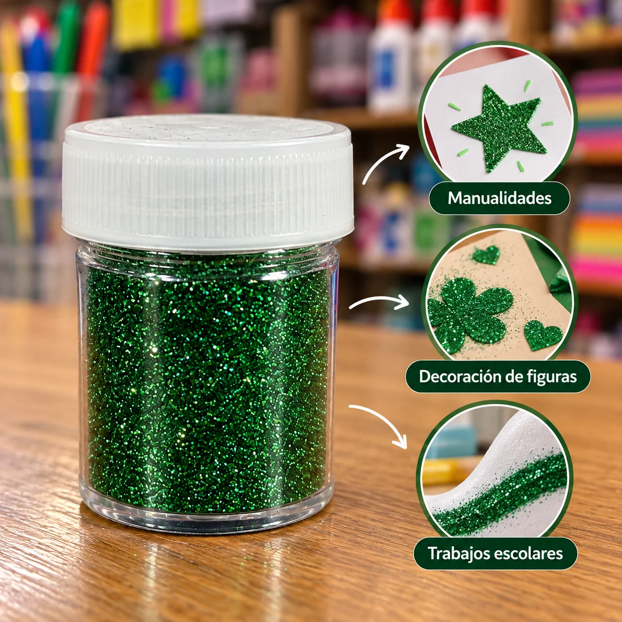Brillantina / diamantina en frasco verde