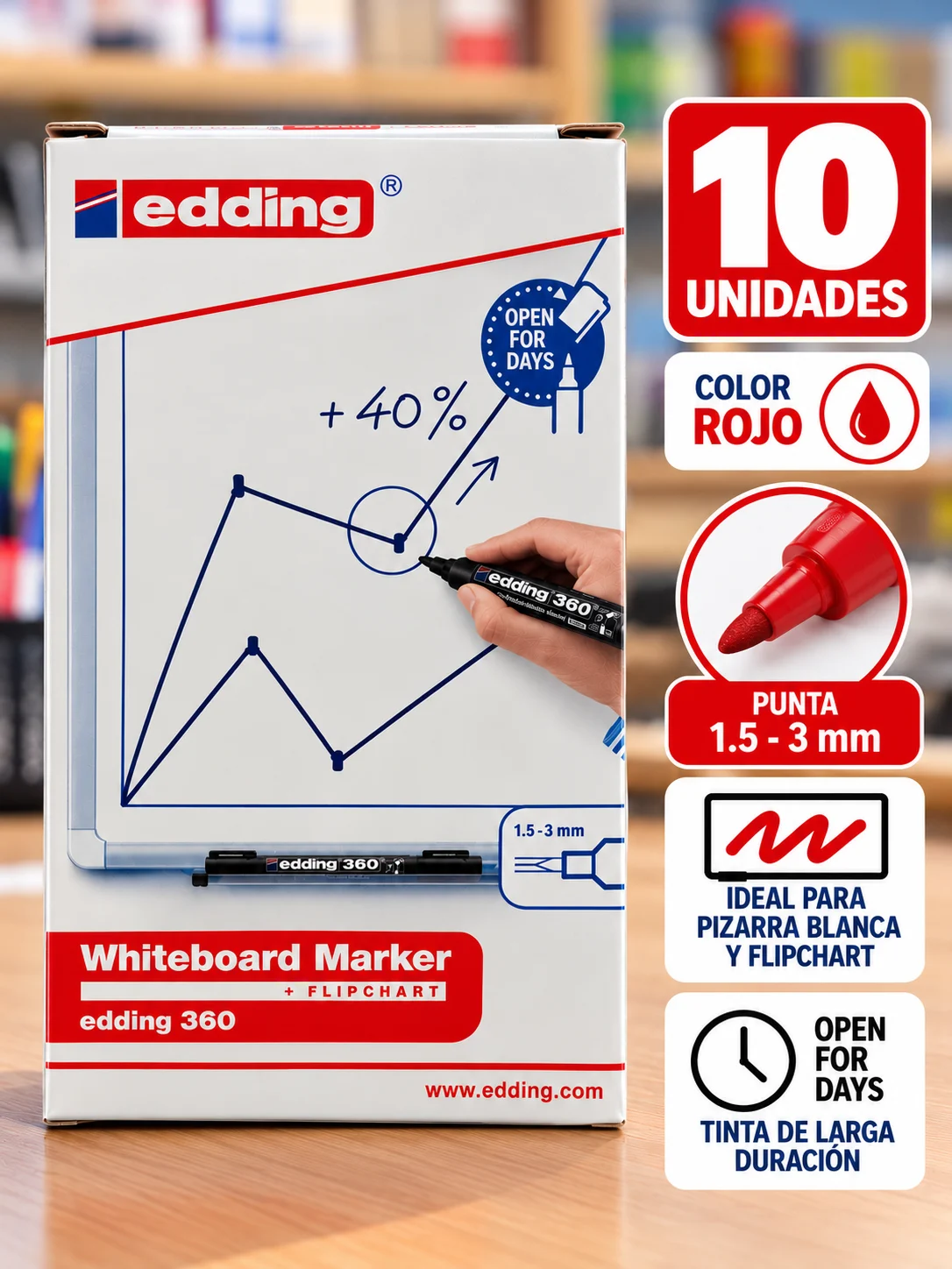 Caja 10 Marcadores para pizarra ROJO edding 360