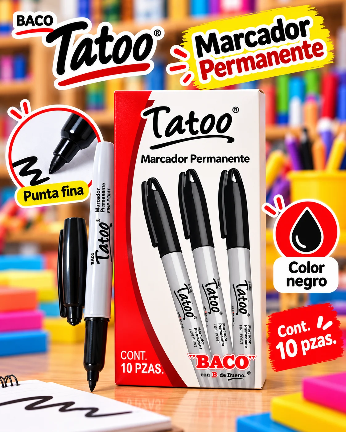 Caja 10 marcadores permanentes Tatoo NEGRO
