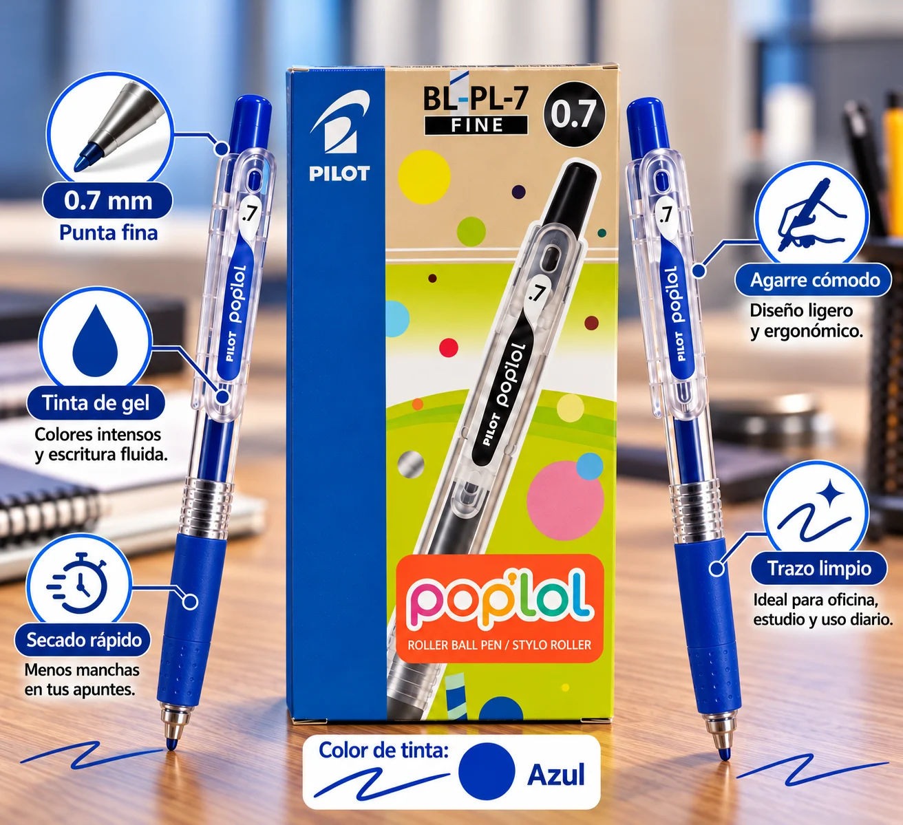Caja 12 lapicero Pilot Poplol 0.7 gel azul