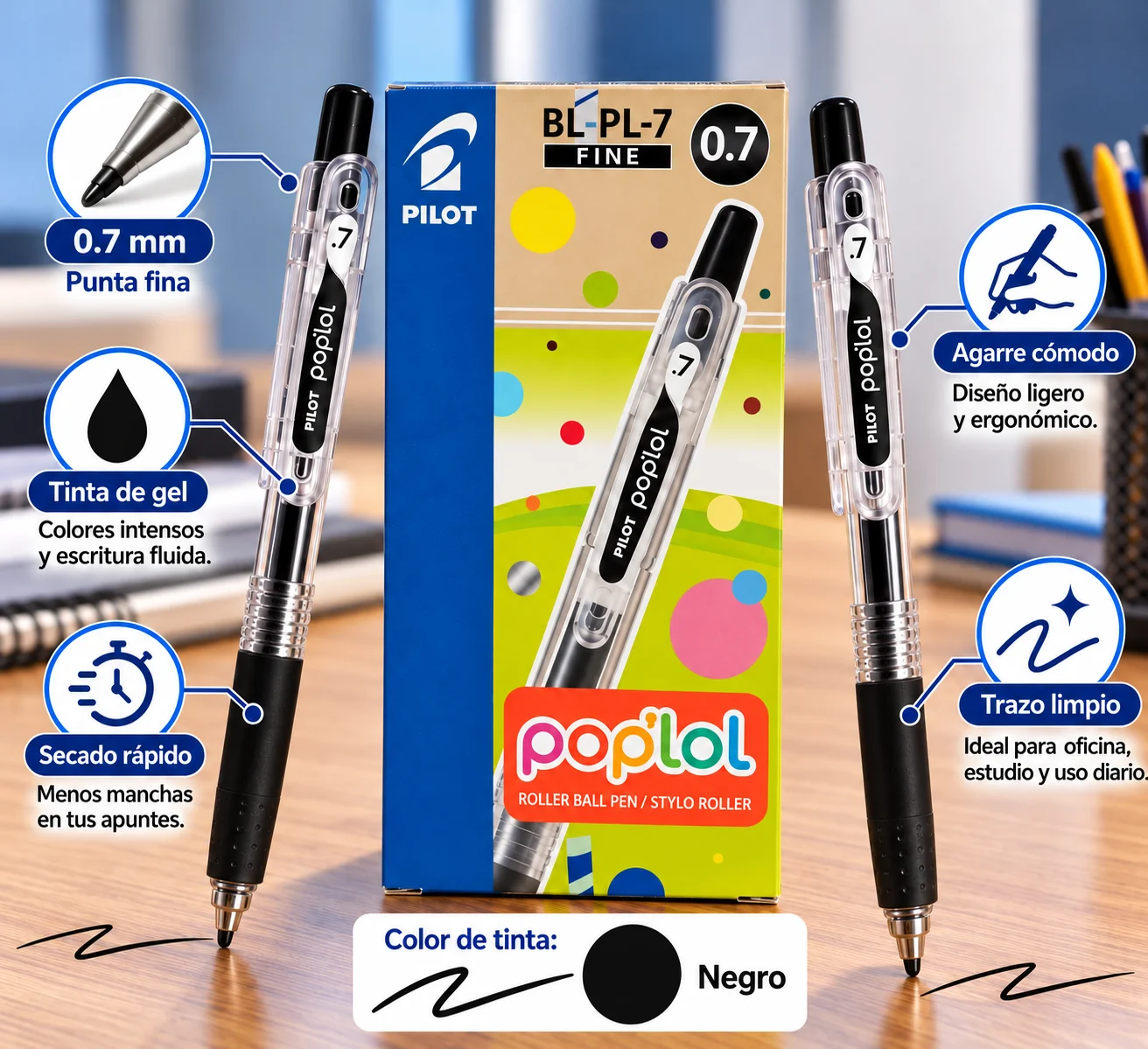 Caja 12 lapicero Pilot Poplol 0.7 gel negro