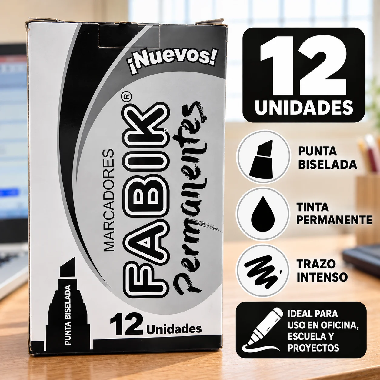 Caja 12 Marcador permanente negro biselado Fabik