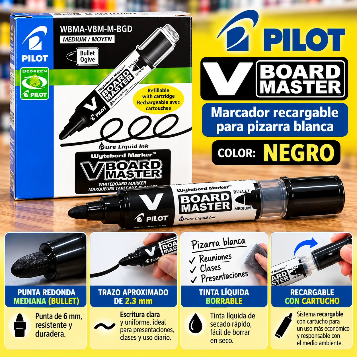 Caja 12 marcadores para pizarra negro Pilot