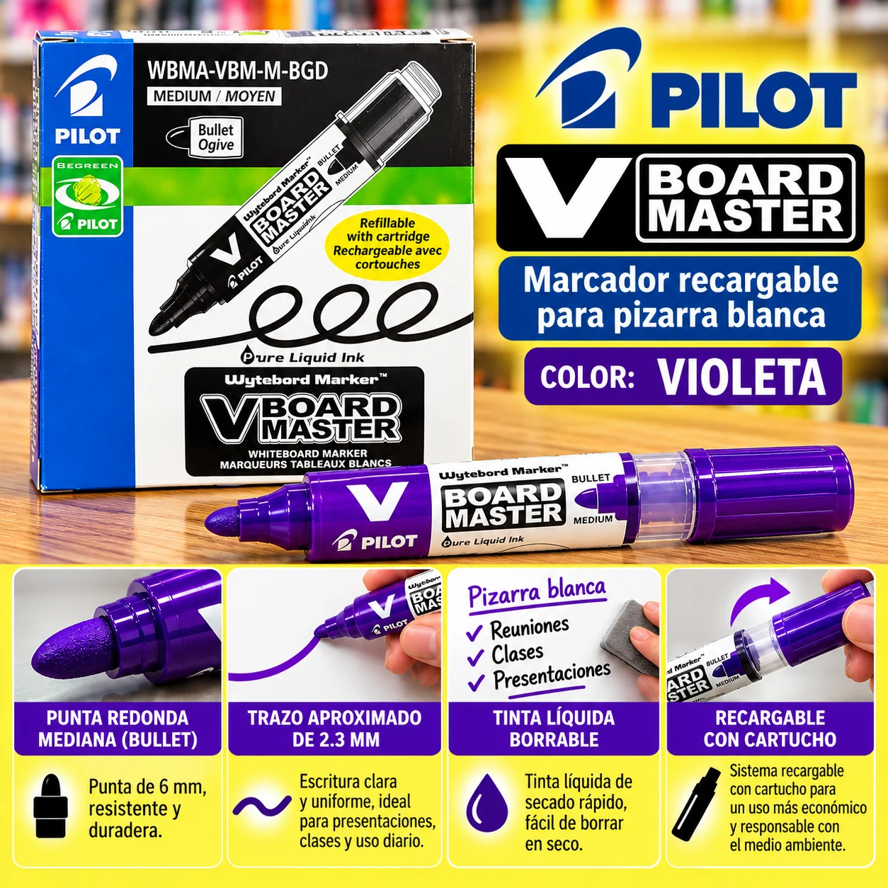 Caja 12 marcadores para pizarra violeta Pilot