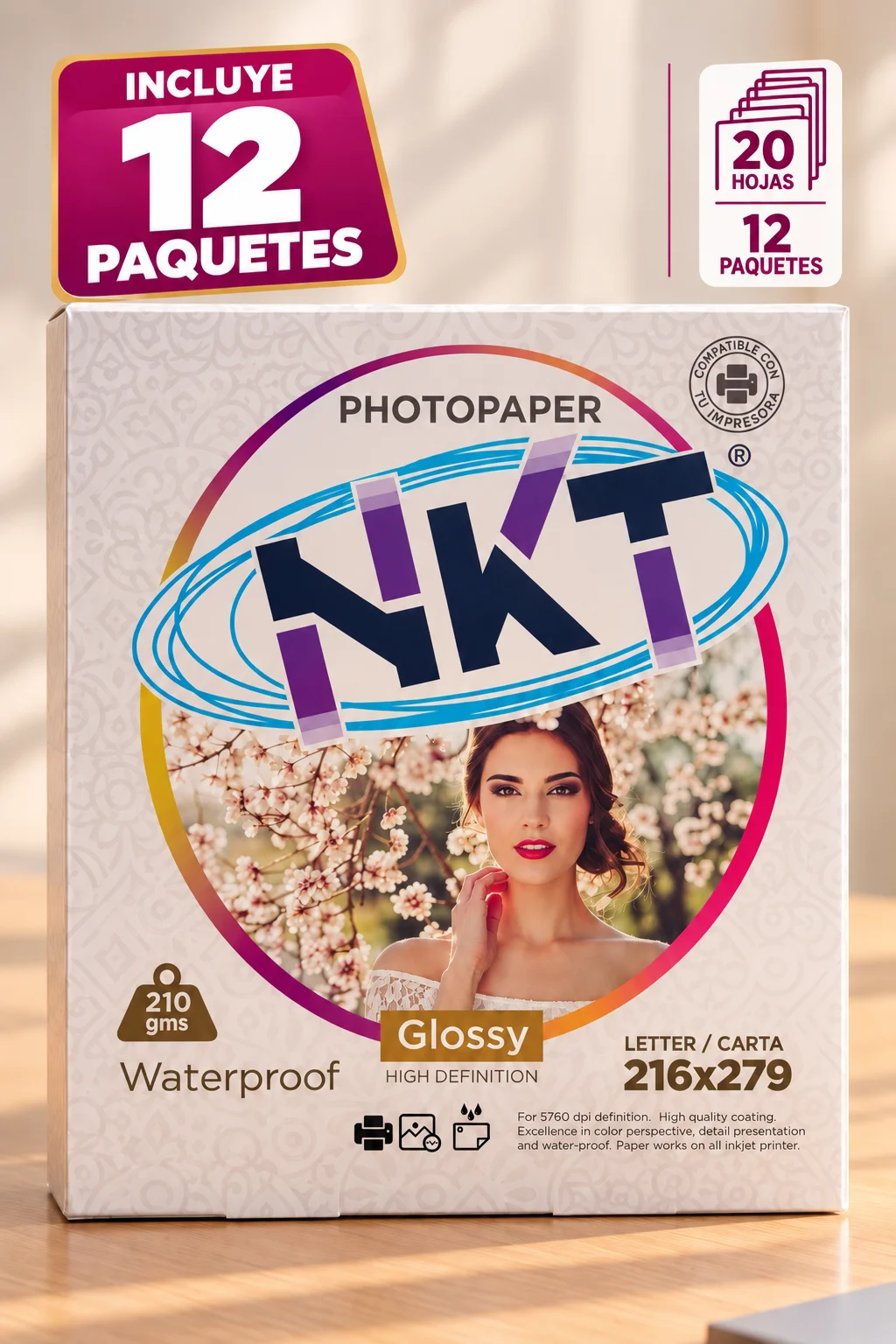 Caja 12 paquetes (20h) papel foto brillante 210g. NKT