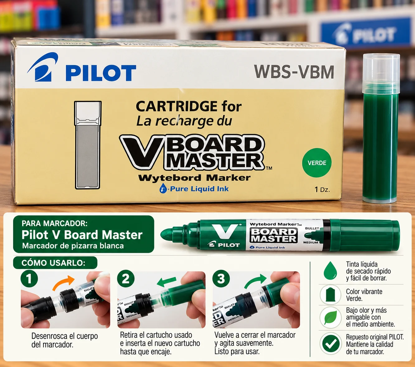 Caja 12 tintas o cartucho para marcador pilot verde