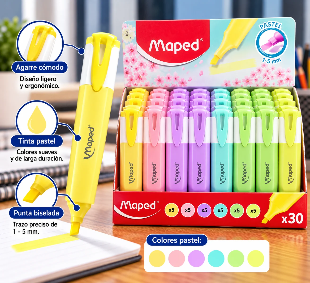Caja de 30 Resaltador pastel maped surtido