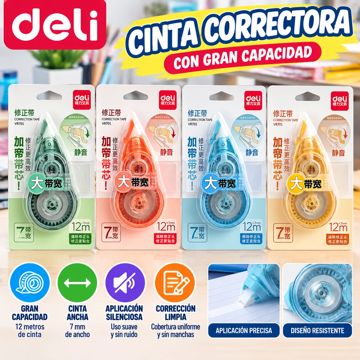 Corrector VR701 roller cinta 7mm 12mts Deli