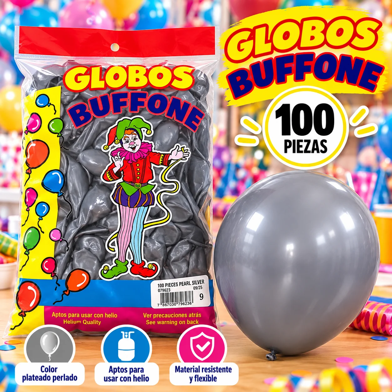 Globos buffone 100 piezas plateado No. 9