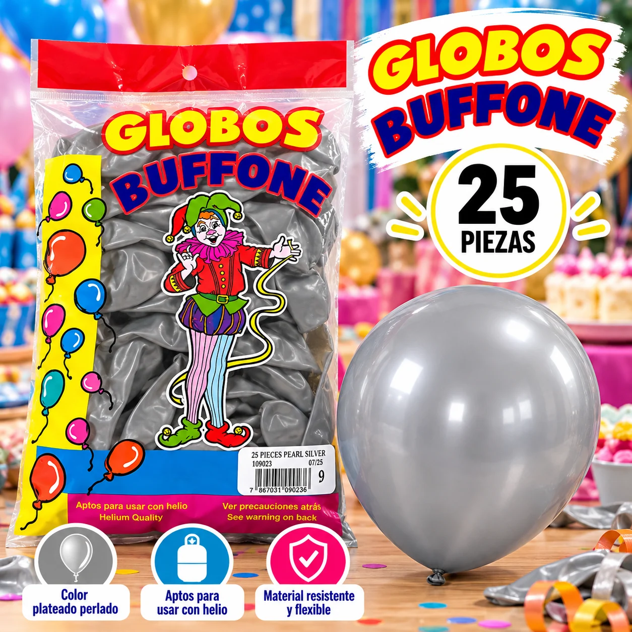 Globos buffone 25 piezas plateado No. 9