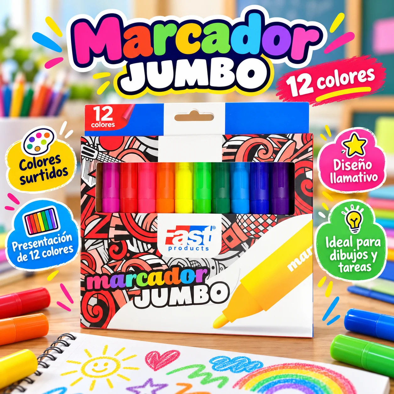Marcador 12 colores jumbo Fast
