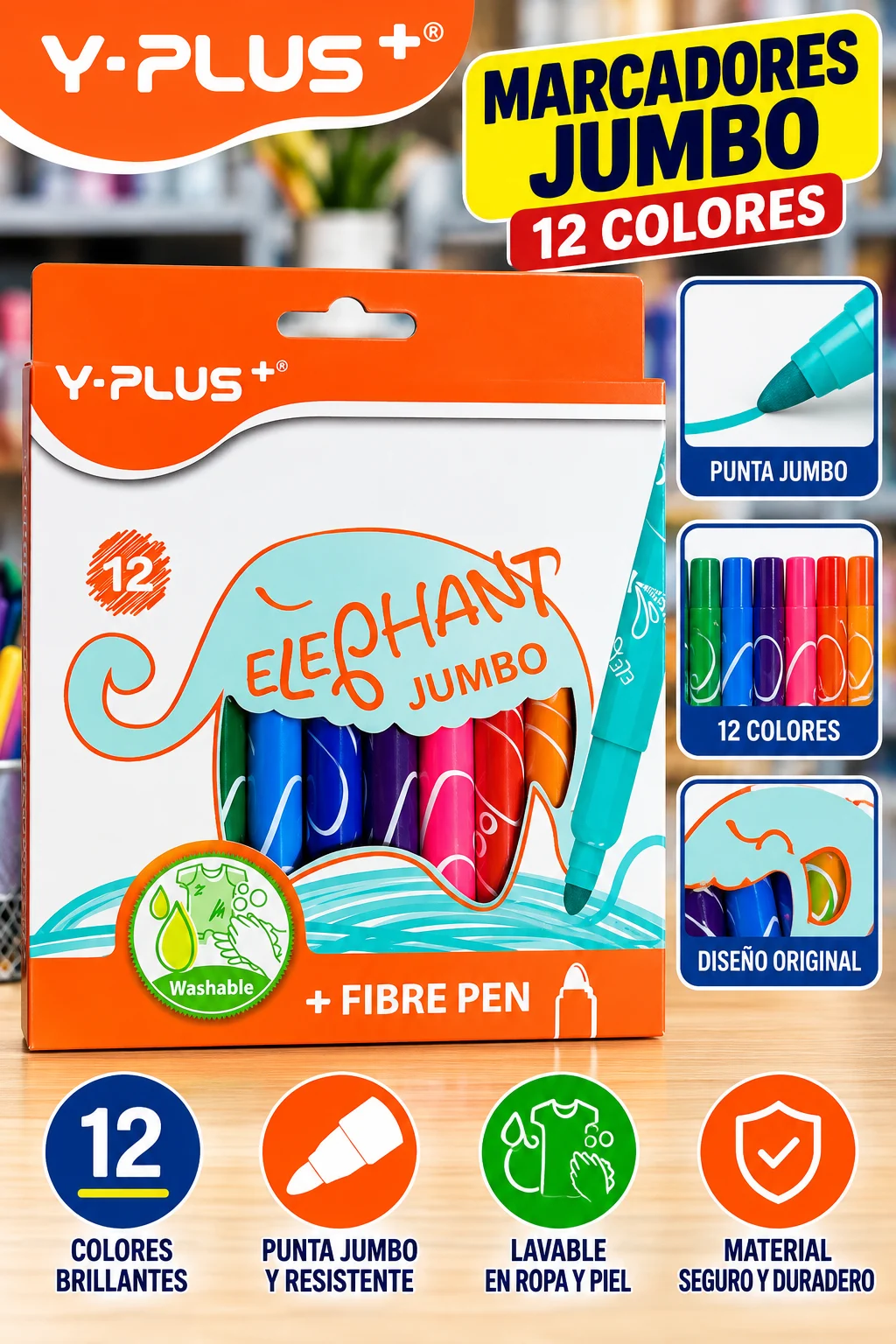Marcador 12 colores Y-PLUS Elephant JUMBO
