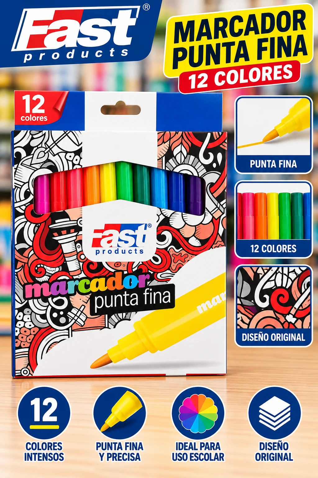 Marcador punta fina 12 colores Fast