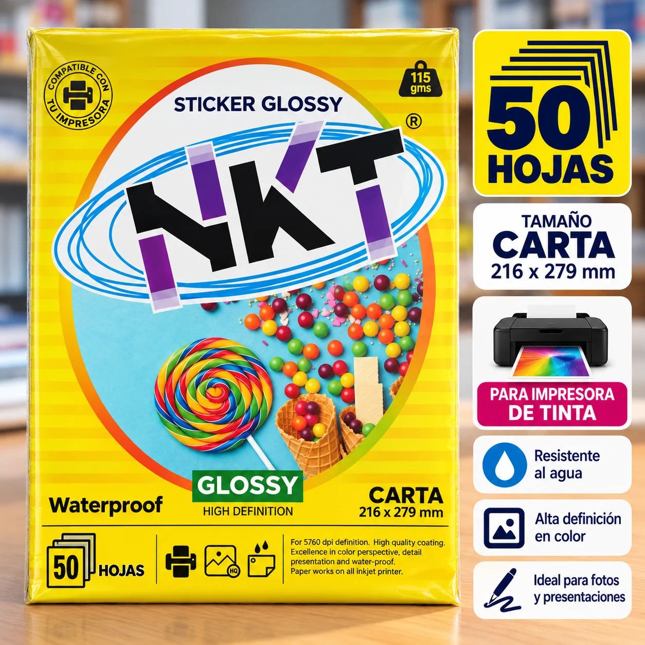 Paquete 50 hojas papel foto brillante 115g. adhesivo NKT