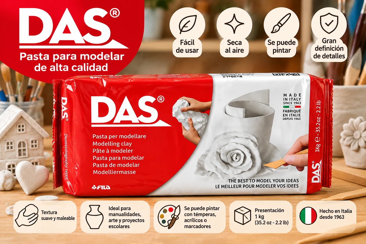 Pasta Arcilla moldeable 1 kg Blanco DAS