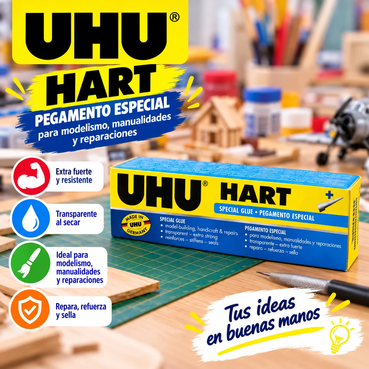 Pegamento UHU HART 33 ml caja amarilla con azul