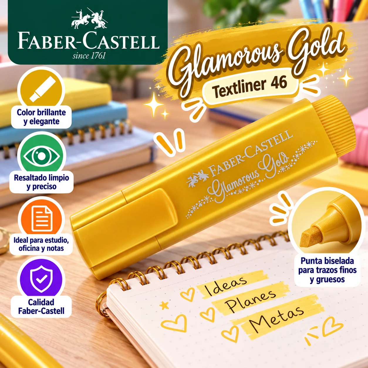Resaltador dorado metalico Faber castell